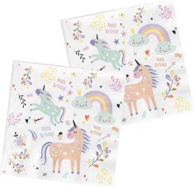 Famanu - Kinder Servetten – 20 stuks 33x33 cm – Unicorn & Regenboog Design – Luxe Kinderverjaardag Servetten