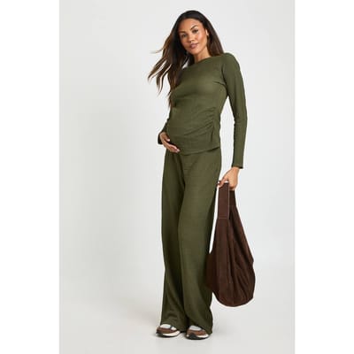 boohoo Dames Zwangerschaps Getextureerde Lange Mouw Top & Elastische Taille Wijde Pijpen Broek Co Ord | Kaki | Maat: 36