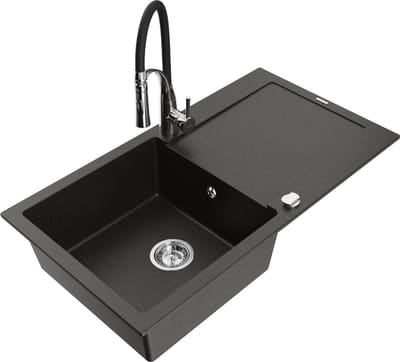 Mexen Leo granieten gootsteen 1-komoers met afdruiprek en keukenmengkraan Aster, zwart/goud metallic - 6501-75-73450-07