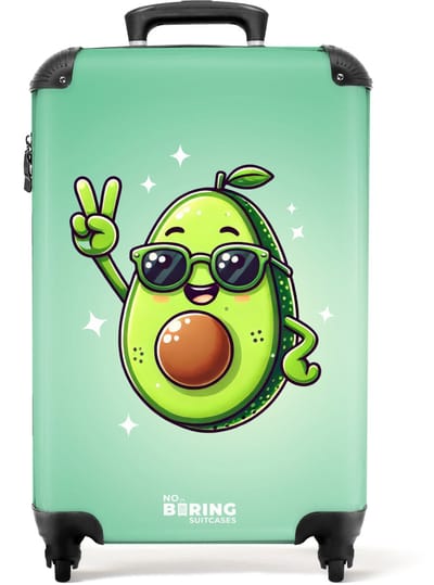 NoBoringSuitcases.com® - Kinderkoffer - Kindertrolley - Avocado - Gezicht - Groen - Handbagage koffer lichtgewicht - Reiskoffer trolley - Rolkoffer met wieltjes - Past binnen 55x40x20 en 55x35x25