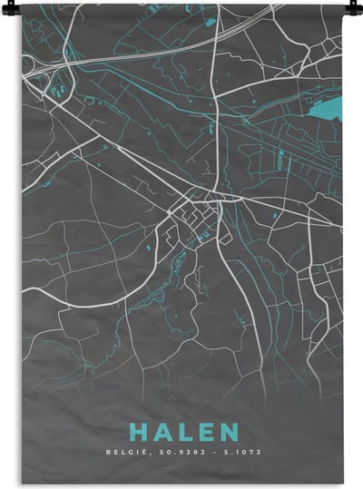 Wandkleed - Wanddoek - Stadskaart – Grijs - Kaart – Halen – België – Plattegrond - 120x180 cm - Wandtapijt