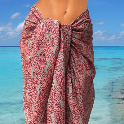Zen Ethic pareo Palms Coral Green - rood-groene sarong omslagdoek