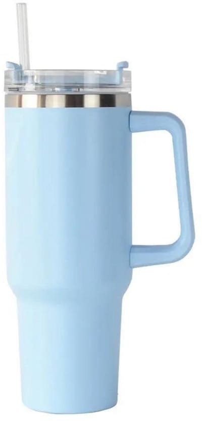 GELLDG Draagbare koffiemok van 1,2 liter - Dubbelwandige, lekvrije reismok van roestvrij staal - Met handvat en rietje - Draagbare automok - Geïsoleerde mok - Blauw - Geschikt voor warme en koude dranken