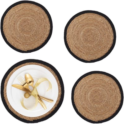 placemat waterhyacint - set van 4 - eettafel - ronde onderleggers Ø 37 cm - natuur-zwart