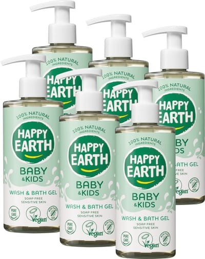 Happy Earth Bundel Was & Badgel Baby & Kids - 100% Natuurlijke Ingrediënten - Microplasticvrij - 0% SLS/SLES - Babyverzorging – Zeepvrij – Geschikt voor pasgeborenen – 6 x 300mL - Voordeelverpakking