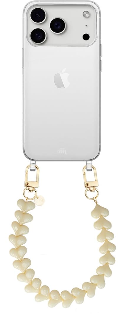 xoxo Wildhearts siliconen hoesje - Geschikt voor iPhone 17 Pro Max hoesje - Funky Hearts - Telefoonhoesje - Hoesje met koord - Creme / Beige koord - kort telefoonkoord - Hartjes ketting - Transparant hoesje