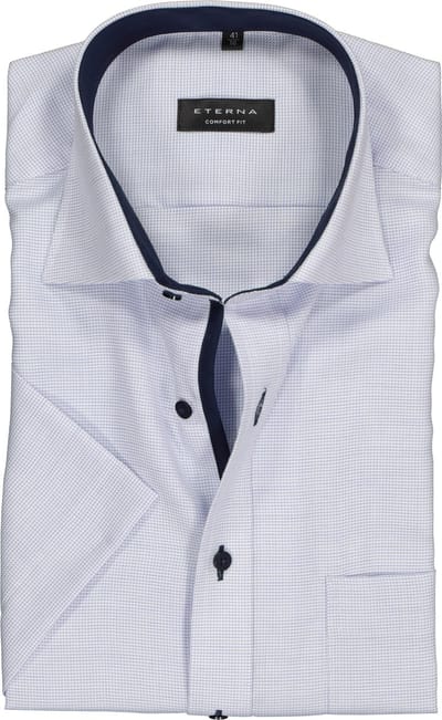 ETERNA comfort fit overhemd - korte mouw - structuur heren overhemd - lichtblauw met wit (donkerblauw contrast) - Strijkvrij - Boordmaat: 50 (EU maat: 4XL)