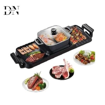 Deniva - Elektrische BBQ Pan Grill & Hot pot - 2-in-1 - Gourmetstel - Anti Aanbak - Rookvrij - BBQ - Grill - 2400W - 1-8 Personen