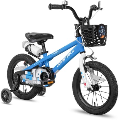 Joystar Pluto Kinderfiets - 16 inch - met mandje - met waterfles - zijwieltjes - bel - handrem - blauw - Geschikt voor buitenactiviteiten in de lente