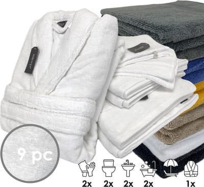 iSleep Terry Badtextiel - Voordeelset (9 delig) - 1x Badjas - Maat S - 2x Washandje 16x22 cm - 2x Gastendoekje 30x50 cm - 2x Handdoek 60x110 cm - 2x Badlaken 70x140 cm - Wit