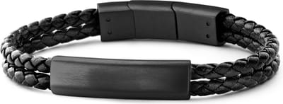 FRANK 1967 7FB-0284 - Heren Armband - 2 Strengen - Leer - Gevlochten - 21cm - 8mm - Zwart