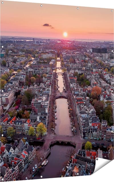Gards Tuinposter Bovenaanzicht Amsterdam met Zonsondergang - 120x160 cm - Tuindoek - Tuindecoratie - Wanddecoratie buiten - Tuinschilderij
