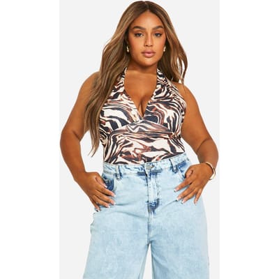 boohoo Dames Plus Dierenprint Uienvel Diep Uitsnijdende Top | Bruin | Maat: 56