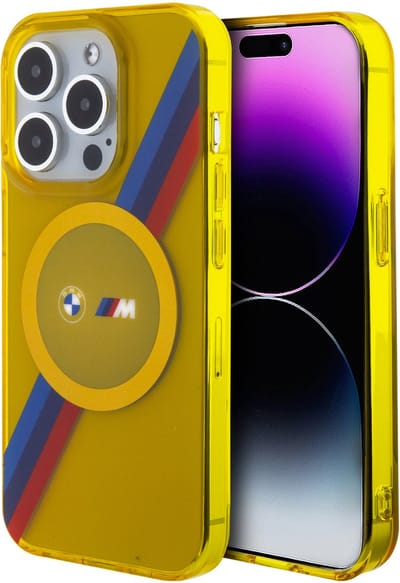 BMW Back Cover - Apple iPhone 15 Pro - Geel - Magsafe - Sportieve M Tricolor Stripes