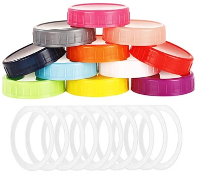Dailygoods- Mason Jar Deksels 12 Stuks - Food-Grade Plastic - Siliconen Afdichtring - Vaatwasmachinebestendig - Mix Kleur - Duurzaam en Sterk - Potdeksel