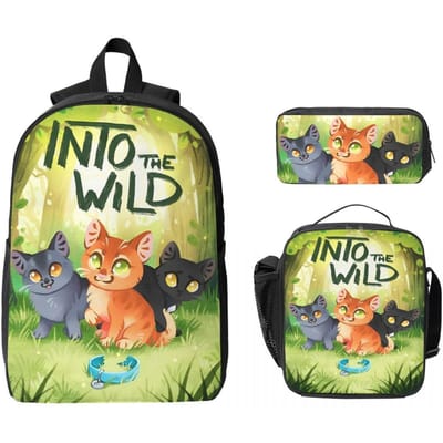 3-delige Schooltassen Set met Warrior Cats Thema voor Kinderen Pennenbakjes Rugzak Sets met Lunchbox Voor Basisschoolleerlingen Rugzak black
