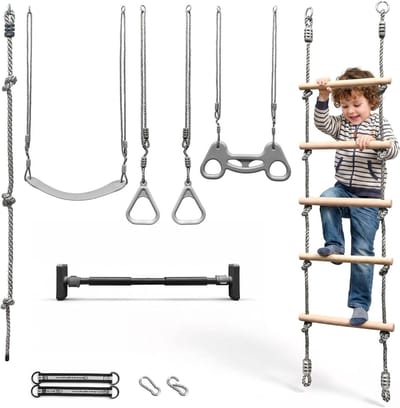 Gymnastiekset 6-in-1 - Klimset Touwladder - Binnen en Buiten Spelen - Verstelbare Kabels - 88-120 cm - Natuurlijk
