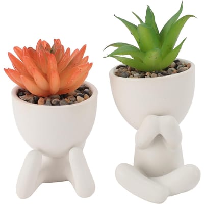 2 pièces Pot de fleurs succulentes artificielles Mignon Innovant Forme Humaine Mini Pot de fleurs succulentes artificielles blanc
