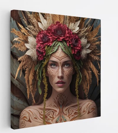 Saammp Canvas Schilderij - Vrouw met Bloemen En Planten - abstract - 20x20 - Foto op canvas - Wanddecoratie - Muurdecoratie Woonkamer - Slaapkamer decoratie - Canvas Print
