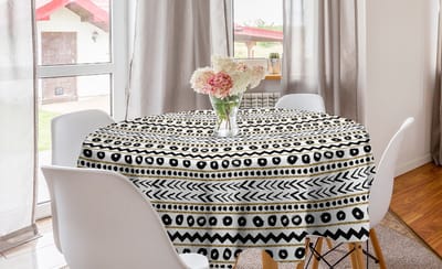 ABAKUHAUS Boho ronde tafelkleed, abstract primitief, cirkelvormige tafelkleedhoes voor eetkamerkeukendecoratie, 150 cm, zwart geel