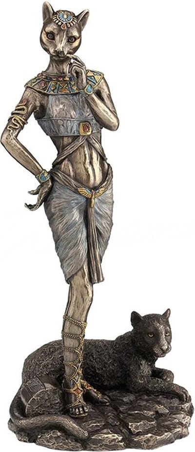 Veronese Design - Beeld/Figuur - Egyptische Godin Bastet met Panter - zeer gedetailleerd - Zware Kwaliteit - 26cm x 11cm x 9cm