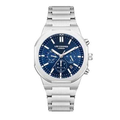 Lee Cooper LC08263.390 - Horloge - Polshorloge - Analoog - Heren - Mannen - Stalen band - Metaal - Achthoek - Rond - Strepen - Cijfers - Dagaanduiding - Datumaanduiding - Dual time - 12/24 - Zilverkle urig - Donkerblauw - Wit - Zwart