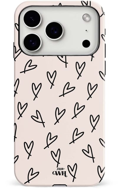 xoxo Wildhearts All Yours - Double Layer - Hoesje geschikt voor iPhone 17 Pro case - Siliconen hoesje met hartjesprint - Hartjes - Hardcover - Beschermhoes - Optimale bescherming - Dubbele beschermlaag - Beige - Zwart