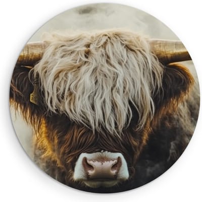 Saammp Muurcirkel Hout Schotse Hooglander Koe liggend - Dieren - Natuur - Ø 90 - Wandcirkel - Wanddecoratie Cirkel - muurdecoratie Woonkamer - Slaapkamer decoratie - Rond Schilderij
