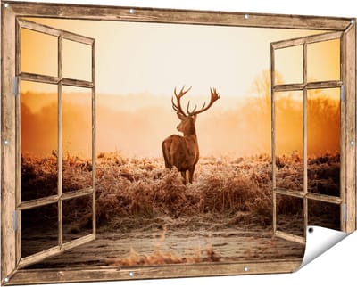 Gards Tuinposter Doorkijk Hert in de Wei tijdens de Zonsopkomst - 150x100 cm - Tuindoek - Tuindecoratie - Wanddecoratie buiten - Tuinschilderij