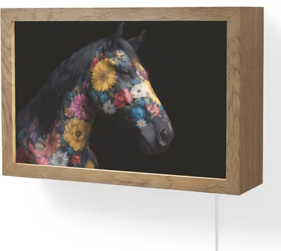 Wandlamp 30x20 cm - Oplaadbaar - Paard - Bloemen - Zwart - Wandlampen binnen woonkamer - Slaapkamer lamp met kabel - Decoratieve nachtlamp - Vloerlamp snoer