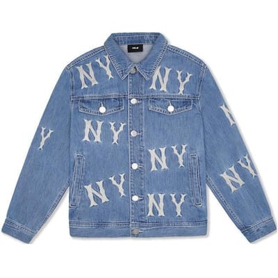 MLB SS24 Yankees de New York Logo Brodé Veste en Jean Manches Longues Simple Boutonnage Vestes Unisexes Bleu Clair 3ADKB0141-50BLL XL