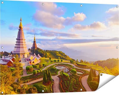 Gards Tuinposter Pagode Tempels in de Inthanon Berg in Thailand - 120x80 cm - Tuindoek - Tuindecoratie - Wanddecoratie buiten - Tuinschilderij
