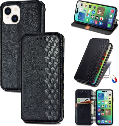 Luxe PU Lederen Ruitpatroon Wallet Case + Screenprotector voor iPhone 14 _ Zwart