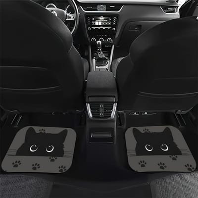 Tapis de Sol de Voiture, Tapis de Sol de Voiture Chat Noir Mignon, Tapis Antidérapants Imprimés Chat Charmant avec Grands Yeux, Accessoires de Décoration Intérieure de Voiture 2 PCS