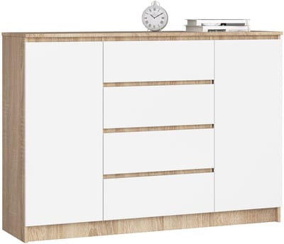 Ladekast K140 met 4 Lades en 2 Deuren / AKORD Furniture Factory / Sonoma Eik - Wit / 138 x 99 x 40 cm