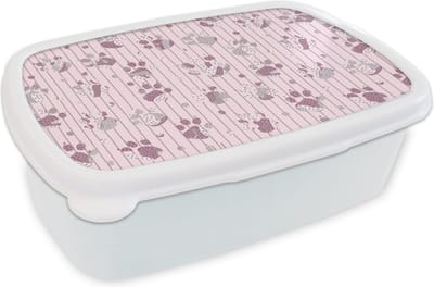 Broodtrommel Wit - Lunchbox - Brooddoos - Hond - Roze - Patronen - Paars - Meisjes - Kinderen - Kids - 18x12x6 cm - Volwassenen