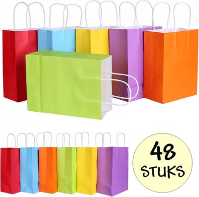 48x Papieren Uitdeeltasjes - 16x8x22cm - Stevig Papier - Traktatie Zakjes - Papieren Tasjes - Cadeau Zakjes - Uitdeelzakjes - 6 Verschillende Kleuren - Kraftpapier - 48 Stuks