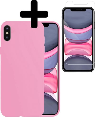 Hoesje Geschikt voor iPhone X Hoesje Siliconen Case Met Screenprotector - Hoes Geschikt voor iPhone X Hoes Siliconen - Roze