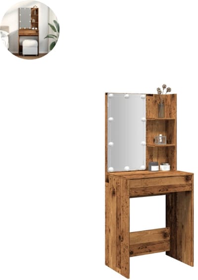 Kaptafel met spiegel - Make up tafel - Make up - Toilettafel - Met lades - 60 x 40 x 140 cm - Oud Hout