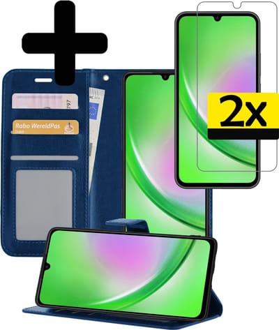 Hoesje - Met 2x Screenprotector - Geschikt voor Samsung Galaxy A34 - Luxe Pasjeshouder - Bookcase Portemonee - Flip Case - Kunstleer Book Case - Flipcase Hoes - Book Cover - Walletcase - Portemonneehoes - Telefoonhoesjes - Donkerblauw