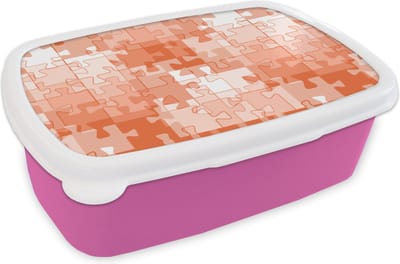 Broodtrommel Roze - Lunchbox - Brooddoos - Puzzel - Oranje - Patronen - 18x12x6 cm - Kinderen - Meisje