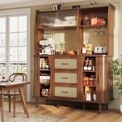 Sweiko Dressoir - Keukenkast - Rieten afwerking - Schuifdeuren - Houtlook - 3 lades - Walnootkleur