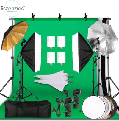 Eszenzics™ Fotostudio set Pro 7 - Professionele uitrusting - 2.6x3m' frame - 4 Studio LED lampen - Reflectoren - 3 kleuren achtergronddoek - Chroma key - Ruime draagtas