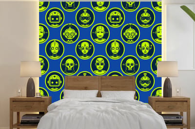 Behang - Fotobehang Patronen - Robot - Geel - Blauw - Jongens - Kinderen - Kids - Jongetje - Breedte 240 cm x hoogte 240 cm