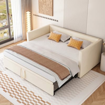 VVBV Uitschuifbare Slaapbank met Lattenbodem 90/180x200 cm - Uitschuifbed - Fluweel Beige