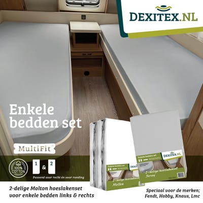 Dexitex 1 x Molton + 1 x Hoeslakenset Lichtgrijs enkele bedden 2 delig geschikt voor Caravan Fendt-Hobby-Knaus-LMC-Tabbert-Weinsberg-Dethleffs-Bürnster