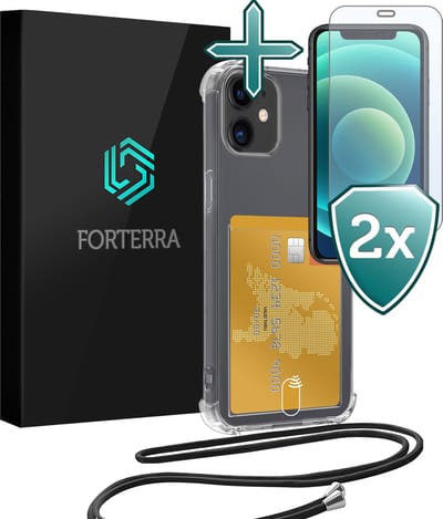 Hoesje Geschikt voor iPhone 12 Pashouder Case Siliconen Hoes Met Koord Met 2x Screenprotector - Hoes Geschikt voor iPhone 12 Met Telefoonkoord Hoesje Back Cover Met Pasjeshouder - Transparant
