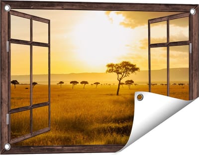 Gards Tuinposter Doorkijk Zonsondergang in de Savanne - 60x40 cm - Tuindoek - Tuindecoratie - Wanddecoratie buiten - Tuinschilderij