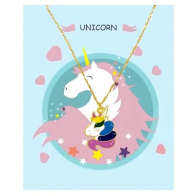 Fako Bijoux® - Ketting Op Kaart - Eenhoorn Hoofd Regenboog - 20x30mm - Goudkleurig