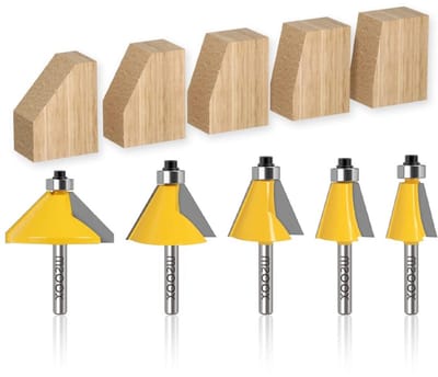 Set van 5 Bevel Freesbits met 1/4" Schacht voor Randvormgeving, Geleide Frees en Precisie Snijders (11.25°, 15°, 22.5°, 30°, 45°)